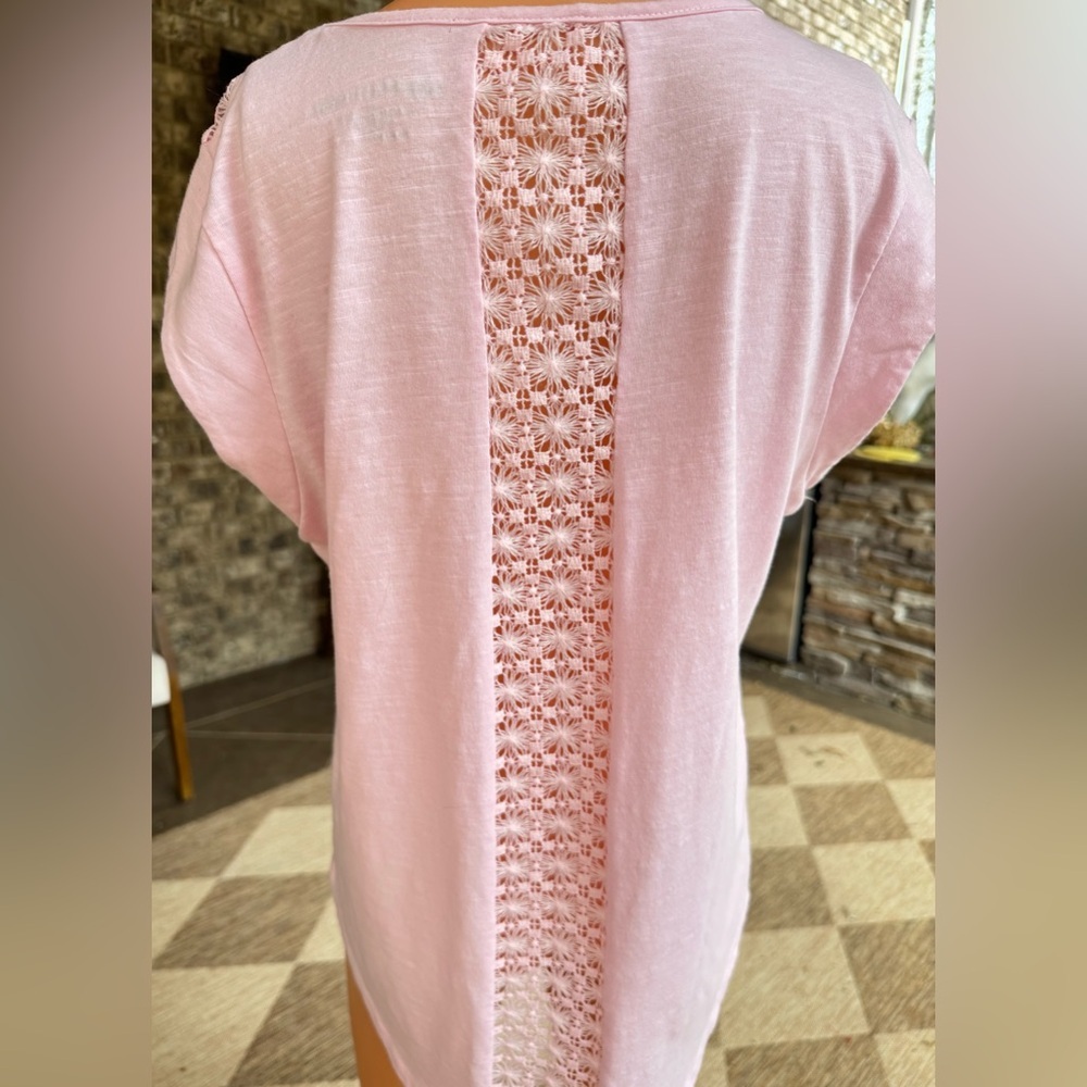 Fresh Pink Crochet Lace Yoke Hi Low Top Women’s Medium Boho - Picture 2 of 7